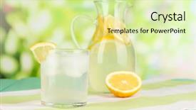  Presentation with lemonade - Presentation enhanced with citrus lemonade in pitcher and glasses on wooden table on natural background background and a soft green colored foreground