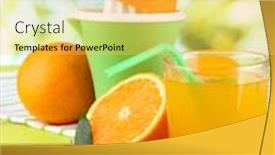  Presentation with press - Presentation design featuring citrus press glass of juice and ripe oranges on white wooden table background and a yellow colored foreground