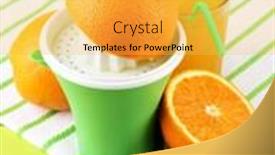  Presentation with press - Presentation theme consisting of citrus press glass of juice and ripe oranges on green wooden table background and a yellow colored foreground