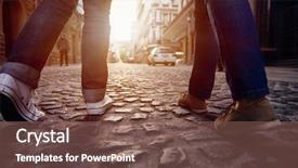  Presentation with city street - Slides consisting of city - tourist couple walking on cobblestone background and a violet colored foreground