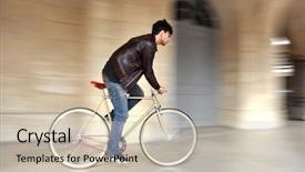  Presentation with man riding big bike motor - Beautiful PPT theme featuring city bike - young man riding a fixed-gear backdrop and a  colored foreground