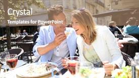  Presentation with lunch - Slide set consisting of city break - couple eating lunch at restaurant background and a coral colored foreground