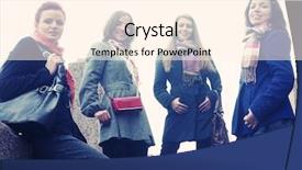  Presentation with walking together - PPT theme with city break - four women walking along background and a  colored foreground