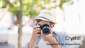  Presentation with hat - PPT theme enhanced with city break - man wearing hat taking photo background and a mint green colored foreground