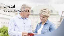  Presentation with middle ages - Beautiful theme featuring city break - middle-aged couple reading guidebook outside backdrop and a lemonade colored foreground