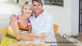  Presentation with cafe - PPT theme enhanced with city break - portrait of couple sitting background and a coral colored foreground
