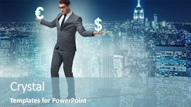  Presentation with euro - Cool new PPT theme with city budget - businessman balancing between choosing dollar backdrop and a light blue colored foreground