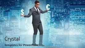  Presentation with balancing heart and brain - Cool new PPT layouts with city budget - businessman balancing between choosing dollar backdrop and a light blue colored foreground