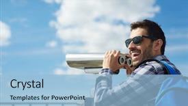  Presentation with plain blue clear sky - Amazing slide deck having city budget - portrait of young handsome man backdrop and a light blue colored foreground