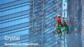  Presentation with skyscraper - Beautiful PPT theme featuring city building cleaner - group of workers cleaning windows backdrop and a teal colored foreground