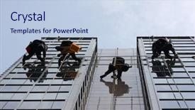  Presentation with corporate - Colorful presentation enhanced with city building cleaner - men cleaning windows backdrop and a light blue colored foreground