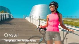  Presentation with cycling - Beautiful PPT theme featuring city-cyclist-woman-with-road backdrop and a gray colored foreground