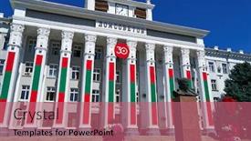  Presentation with city - Theme featuring city-hall-of-the-tiraspol background and a coral colored foreground