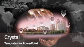  Presentation with media image - Theme with city in hands modern technology background and a dark gray colored foreground