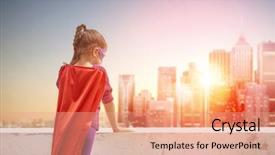 Presentation with child superhero - PPT layouts enhanced with city kids - little child girl plays superhero background and a coral colored foreground
