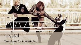  Presentation with women - Beautiful slides featuring city life - two young women backdrop and a soft green colored foreground