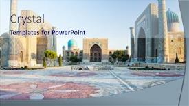  Presentation with uzbekistan - Beautiful PPT layouts featuring city-of-samarkand-at-sunrise backdrop and a sky blue colored foreground