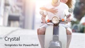  Presentation with young happy couple - Presentation theme with city on a sunny day background and a sky blue colored foreground