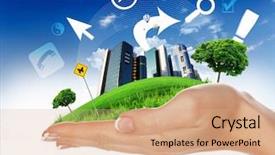  Presentation with green city - Slides having city on green grass hill background and a coral colored foreground