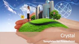  Presentation with green city - Cool new slide deck with city on green grass hill backdrop and a coral colored foreground