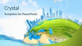  Presentation with floating - Colorful slide set enhanced with city on island floating in water backdrop and a sky blue colored foreground