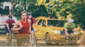  Presentation with athletes - Presentation theme consisting of city panorama banner - athletes jogging background and a gold colored foreground