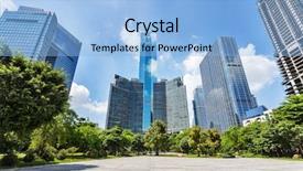  Presentation with square - Colorful slide deck enhanced with city park - empty modern square and skyscrapers backdrop and a light blue colored foreground