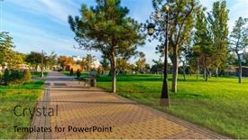  Presentation with green-city - Presentation theme with city-park-green-lawns background and a coral colored foreground