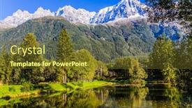  Presentation with mont blanc - Theme with city park is illuminated by the sunset concept of active and ecological tourism the mountain resort of chamonix - mont blanc the lake reflected the evergreen spruce and snow-capped alps background and a tawny brown colored foreground