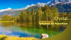  Presentation with spruce - Presentation with city park is illuminated by sunset the lake reflected the snow-capped alps and evergreen spruce the mountain resort of chamonix haute-savoie background and a tawny brown colored foreground
