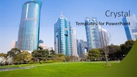  Presentation with shanghai - PPT theme with city park with modern building background in shanghai background and a light blue colored foreground