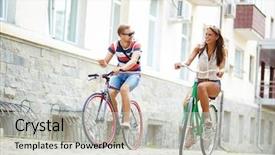  Presentation with cycling - Cool new presentation design with city people - portrait of happy girl backdrop and a light gray colored foreground
