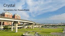  Presentation with apartment buildings - Amazing slide deck having city scenery with highway bridge backdrop and a light blue colored foreground