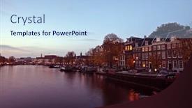  Presentation with amsterdam - Slides featuring city scenic in amsterdam innercity in the netherlands at twilight background and a light blue colored foreground