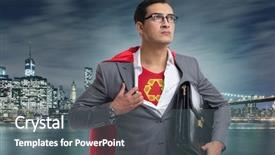  Presentation with superhero - Presentation design consisting of city scientific - businessman in superhero concept background and a dark gray colored foreground