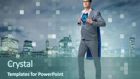  Presentation with superhero - PPT theme with city scientific - businessman in superhero concept background and a  colored foreground