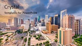  Presentation with houston - Audience pleasing PPT theme consisting of city skyline viewed from above backdrop and a teal colored foreground