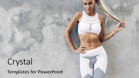  Presentation with fitness clothing - Cool new presentation design with fitness model in sportswear posing backdrop and a light gray colored foreground