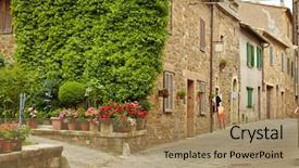 Presentation with medieval - PPT layouts enhanced with city tavern - old small stone medieval street background and a coral colored foreground