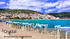  Presentation with restaurant - Slide set having city tavern - skopelos island view of town background and a soft green colored foreground