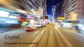  Presentation with abstract circles blur night street - Colorful presentation theme enhanced with city view from car perspective backdrop and a gold colored foreground