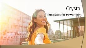  Presentation with happy young student girl holding - Audience pleasing PPT theme consisting of city young smiling woman pulling backdrop and a cream colored foreground