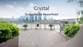  Presentation with wood bridge - Presentation theme enhanced with cityscape and skyline of downtown near bridge of chongqing in sunny cloud sky on view from empty wood floor background and a light blue colored foreground