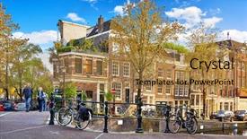  Presentation with autumn blue - Theme with cityscape green and yellow autumn background and a coral colored foreground