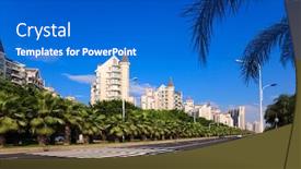  Presentation with pedestrian crossing - PPT theme featuring cityscape of asian city viewed from zebra or pedestrian crossing background and a cobalt blue colored foreground