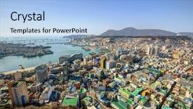  Presentation with korea - Presentation design consisting of cityscape of busan south korea background and a light blue colored foreground