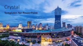  Presentation with cityscape - Colorful slides enhanced with cityscape-of-hangzhou-at-nightfall backdrop and a light blue colored foreground