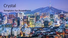  Presentation with korea - Slide deck having cityscape of seoul south korea background and a light blue colored foreground