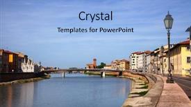  Presentation with medieval church - Presentation design featuring cityscape with medieval waterfront bulding background and a light blue colored foreground