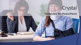  Presentation with employee engagement healthcare - Colorful presentation theme enhanced with civil defense - injured employee visiting lawyer backdrop and a light gray colored foreground